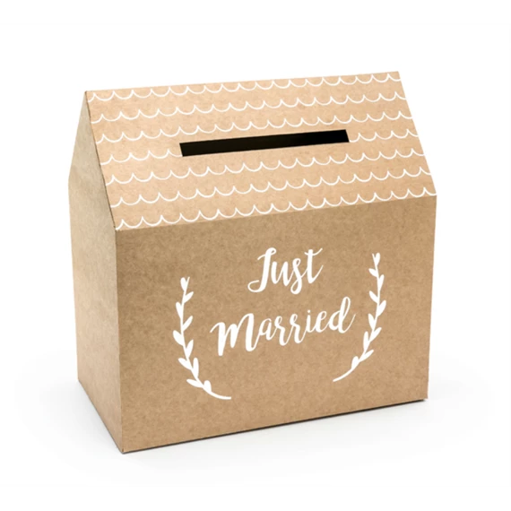 Ajándékdoboz "Just married" felirattal papír 30x30,5x16,5cm barna