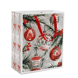Paper gift bag with Christmas ornaments design, 19x23 cm, white/red