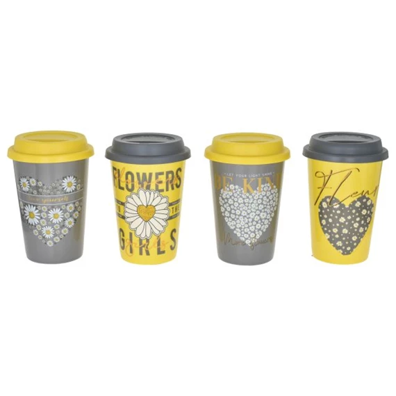 Bögre szilikon tetővel, virág és szív mintával, felirattal 4 féle