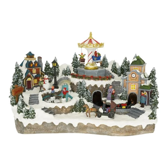 Dioráma karácsonyi falu mozgó figurákkal, LED-es 45x27x26,5 cm