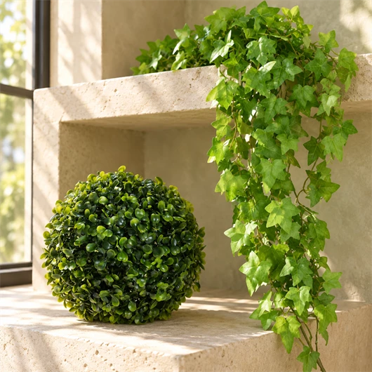 Hanging plants and boxwood