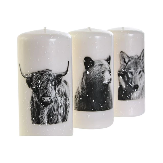 Gyertya bölény, medve, farkas mintás 7x7x13,5 cm 3 féle