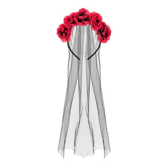 Hajráf rózsával, fátyollal műanyag 17,5x18 cm piros, fekete