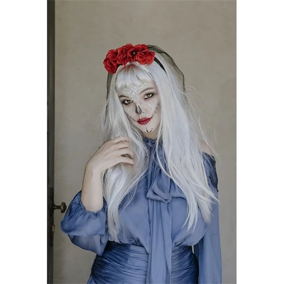 Hajráf rózsával, fátyollal műanyag 17,5x18 cm piros, fekete