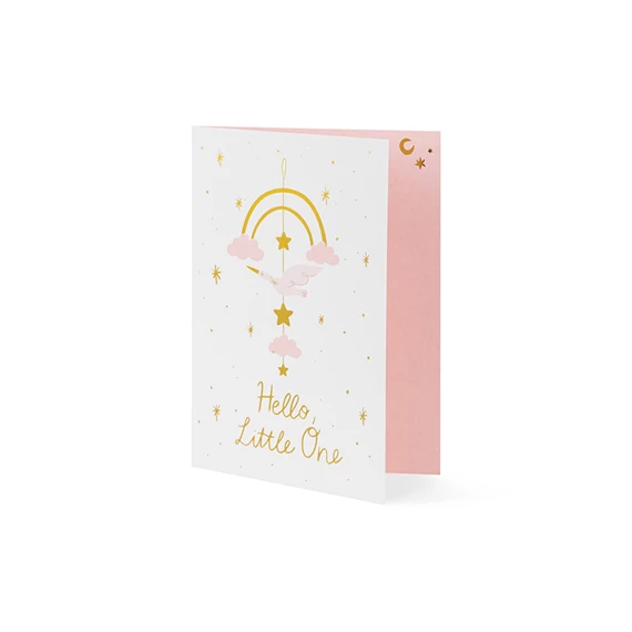 Kártya függő dekoráció gólya világos rózsaszín 14x20 cm