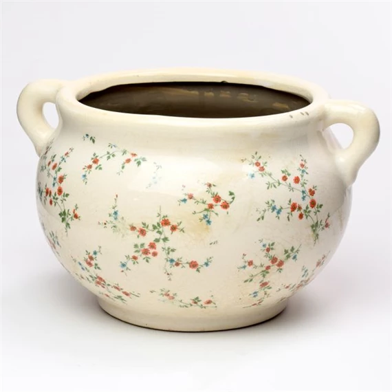 Kaspó füllel virág mintával kerámia 25x16x26 cm krém, zöld