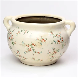 Kaspó füllel virág mintával kerámia 25x16x26 cm krém, zöld