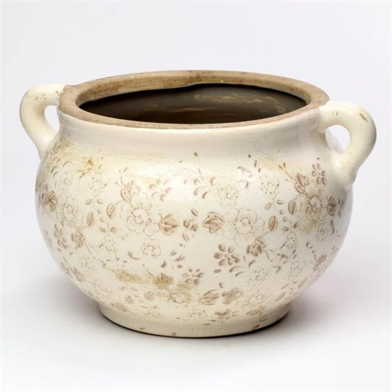Kaspó füllel virág mintával kerámia 25x15x25 cm krém, barna