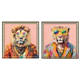 Kép keretes, LED-es oroszlán, leopárd, kézzel festett 84x4x84 cm 2 féle