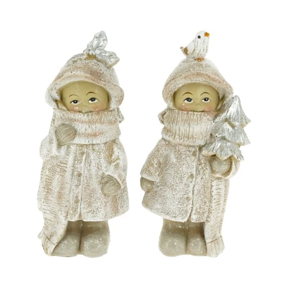Kislány kabátban, fenyővel, madárral álló, glitteres 5x4x11,5 cm 2 féle