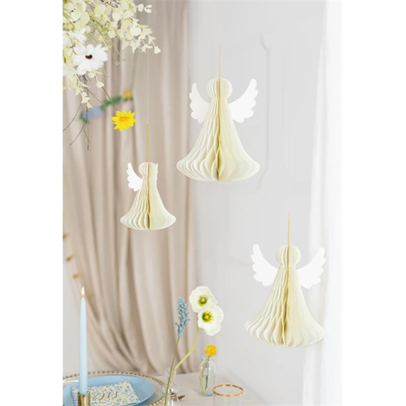 Papír dekoráció méhsejt angyal, elefántcsont, 24 cm