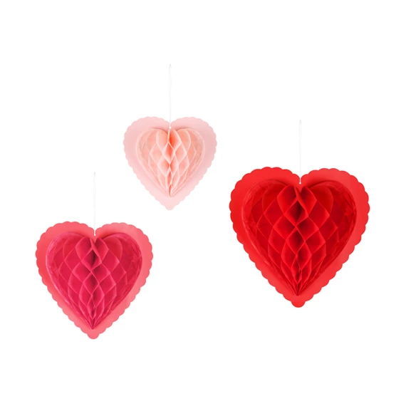 Papír méhsejt dekorációk szívek, mix, 20-30 cm S/3