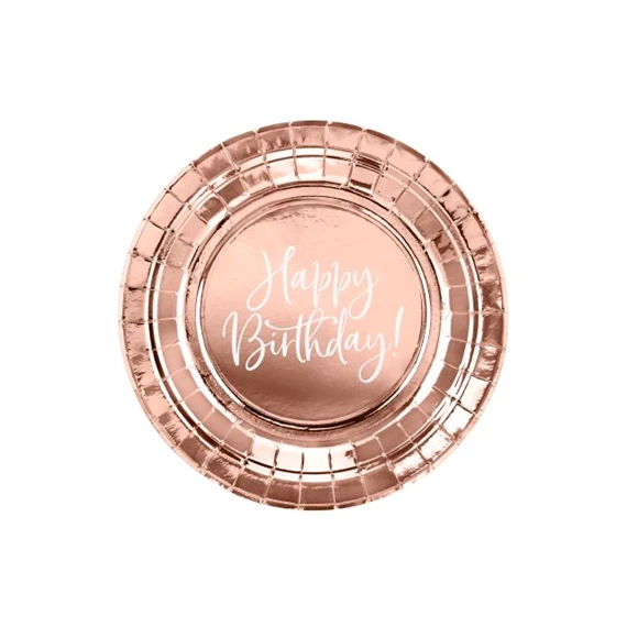 Papírtányér felirattal "Happy birthday" papír 18 cm rosegold S/6