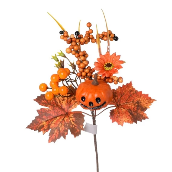 Selyemvirág ág halloween-i tökkel, bogyókkal, betűzős 30 cm