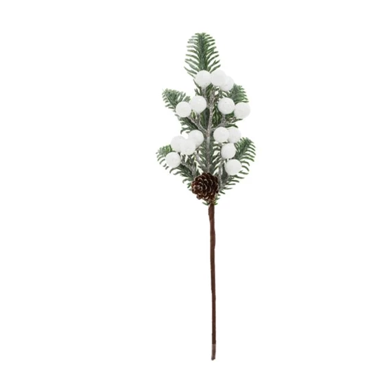 Selyemvirág fenyőág, bogyóval, tobozzal, glitteres, betűzős 35 cm