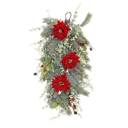 Selyemvirág fenyővel, tobozzal, mikulásvirággal, eukaliptusszal, akasztós 65 cm