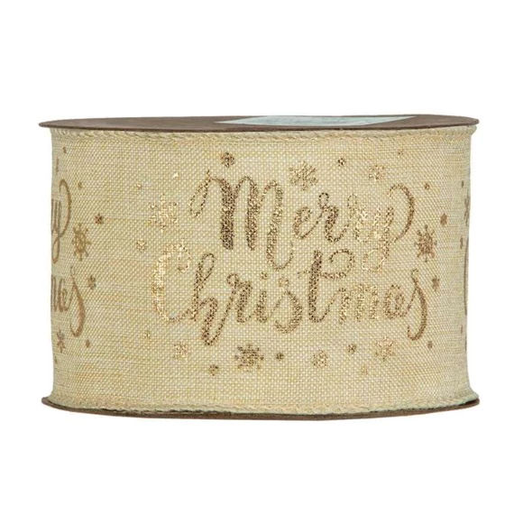 Szalag "Merry Christmas" textil 63 mm x 10 m krém, arany 63 mm x 10 m