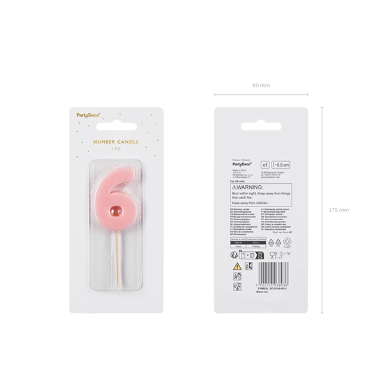 Szülinapi gyertya 6-os szám világos rózsaszín 5,5 cm